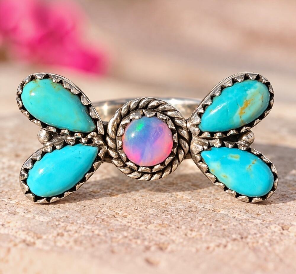 Native Style Southwest Sterling Silver Turquoise Opal Statement Ring Adjustable